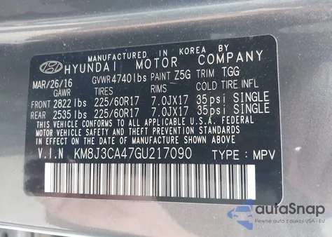 2016 Hyundai Tucson Se from USA, damaged, VIN KM8J3CA47GU217090